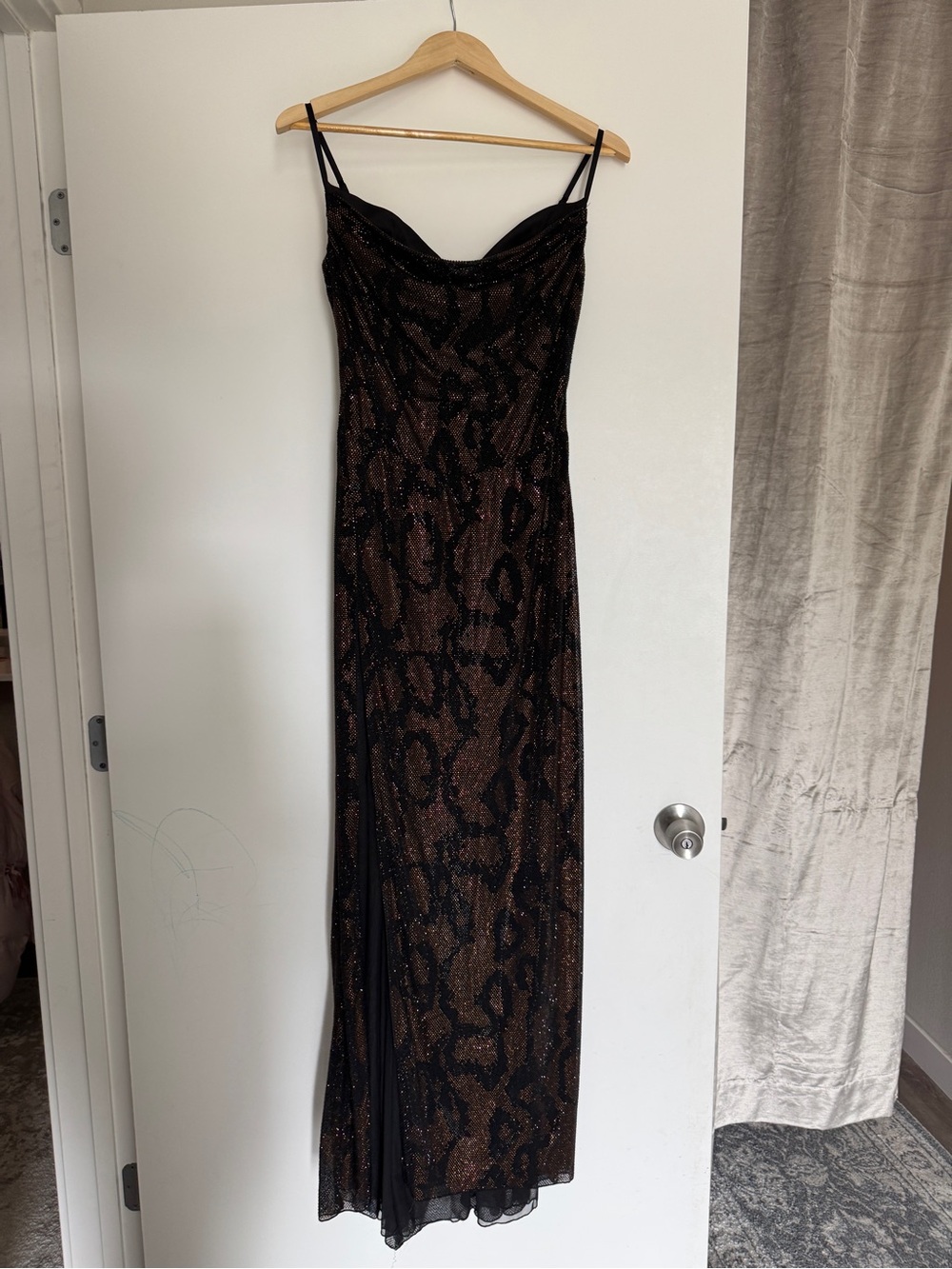 Oh Polly- Velia- Embellished Peek-A-Boo Cowl Neck Dress in Brown Snake - Picture 5 of 7